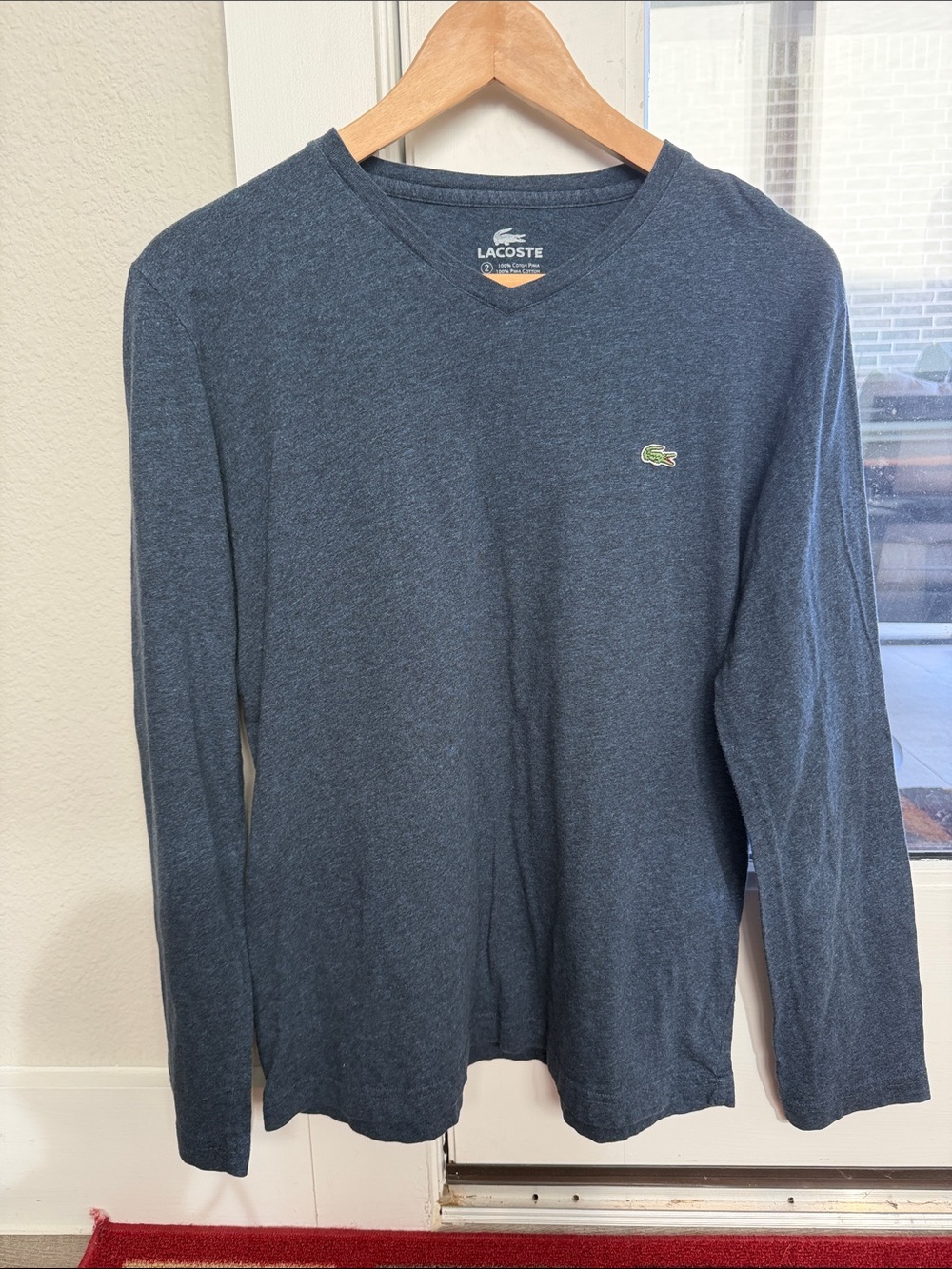 Men Authentic Lacoste Blue Navy long sleeve v-neck T shirt Top size 2